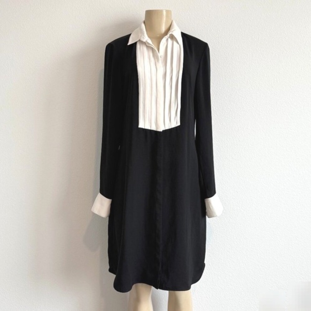 Anne Fontaine Millie Tuxedo Dress 40 Black White Pleated Bib French Cuff Chic